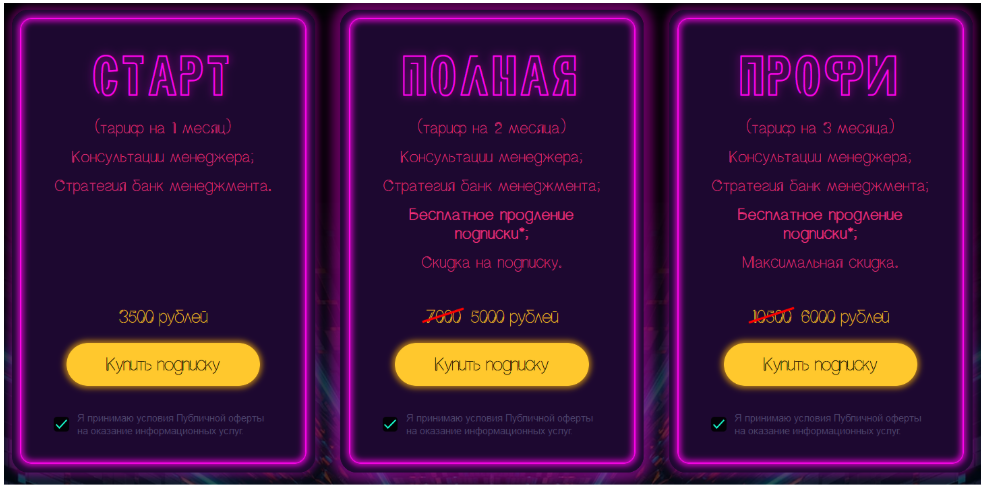 Цена услуг Telegram канала Neon betting