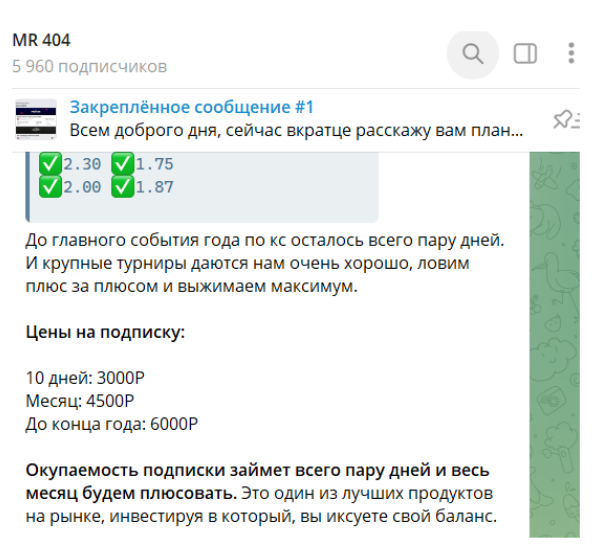 Цена услуг Телеграмм канала MR 404