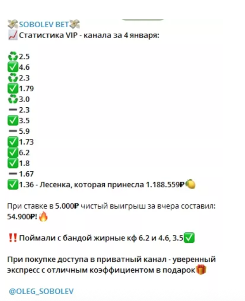 статистика проходимости прогнозов каппера Oleg Sobolev